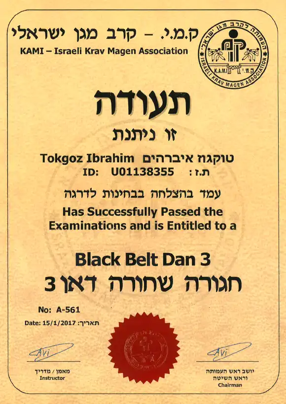 Ibrahim Tokgöz Black Belt Dan 3 Certificate